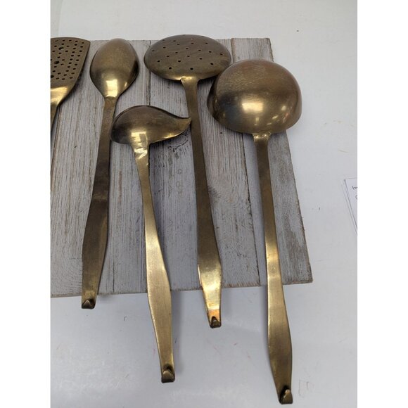 Brass Vintage Set 6 Utensils With Hanger Strainer Ladle Spatula French Country - Picture 7 of 7